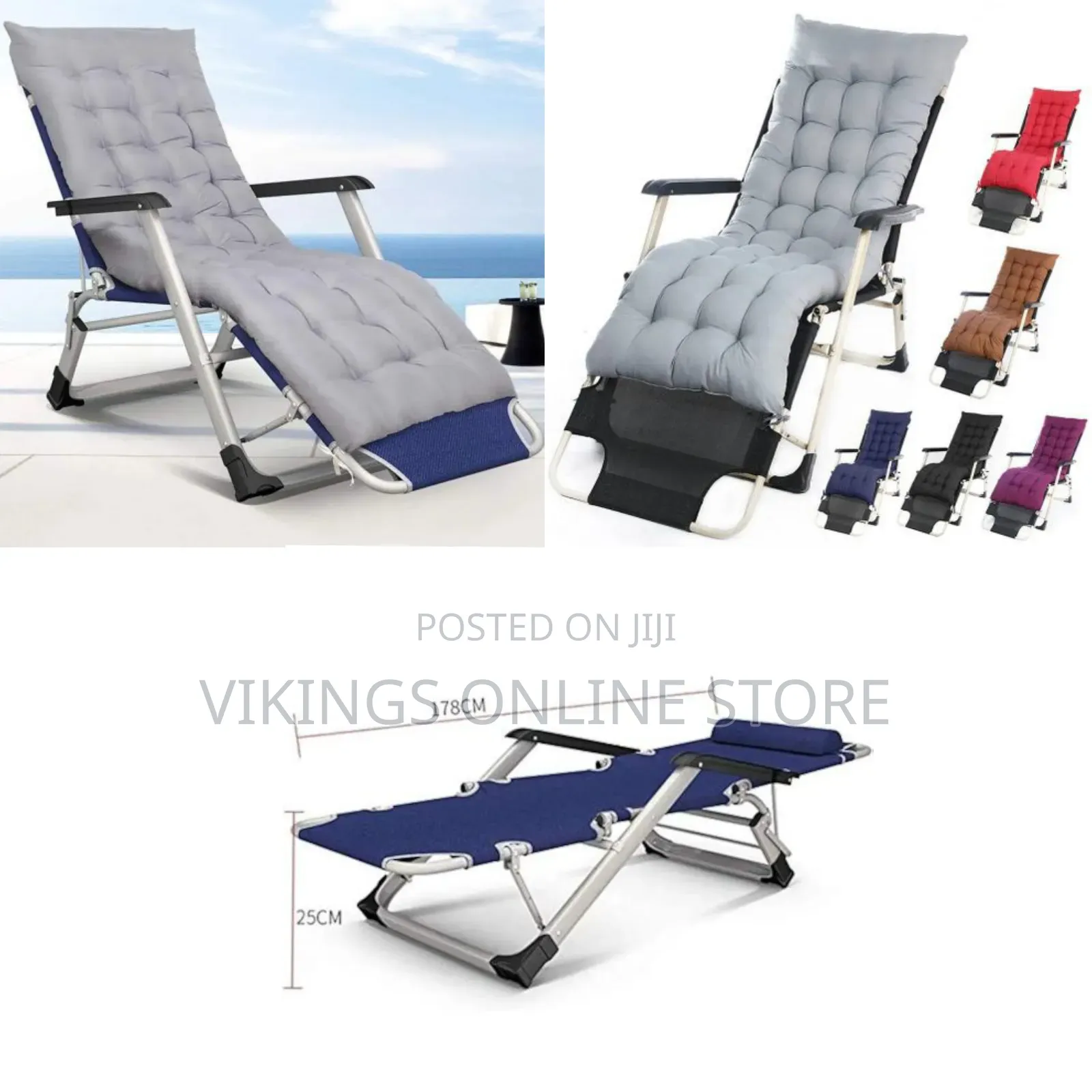 Folding Camping Reclining Deck Chairs With Cushion Outdoor Sun Lounge