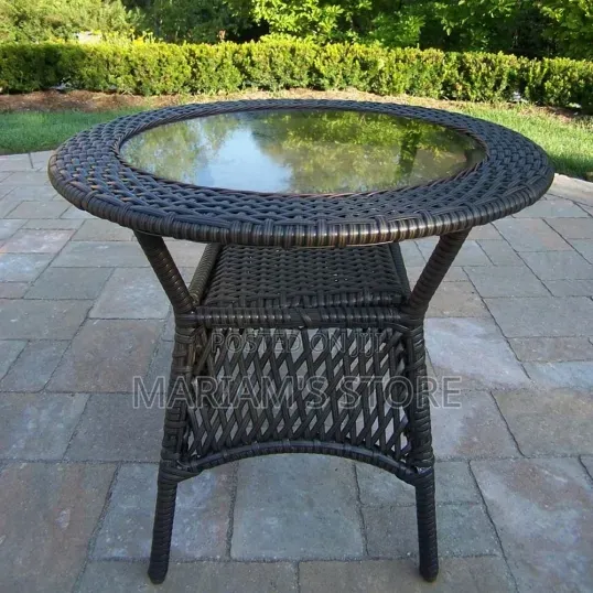 Round Glass Outdoor Table With Black Rattan Edging