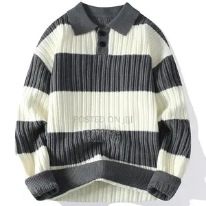 Men's Striped Long-Sleeve Knit Polo Sweater