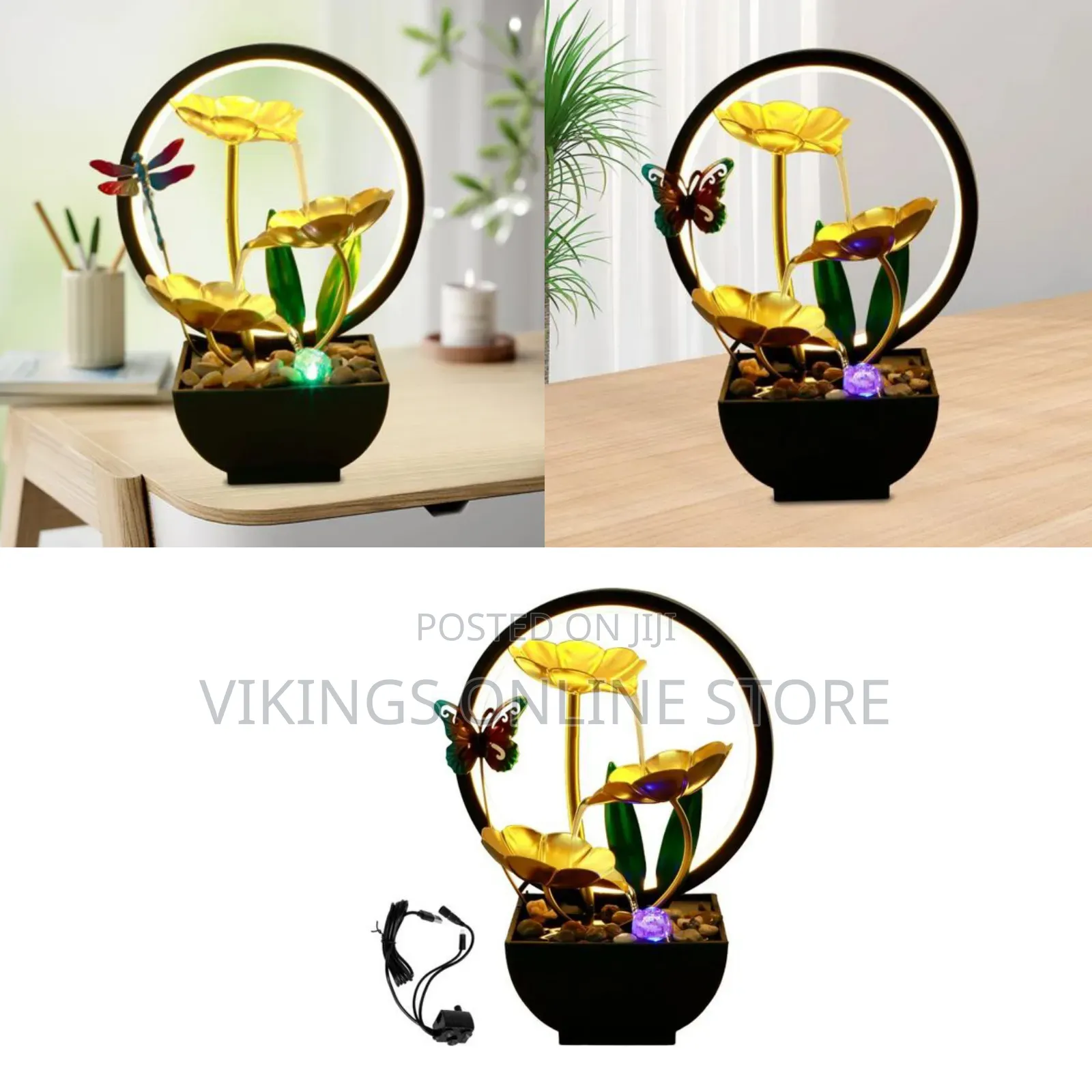 Tabletop Fountain With Rocks and LED Ring Lights, 3-Tiers Leaf Small