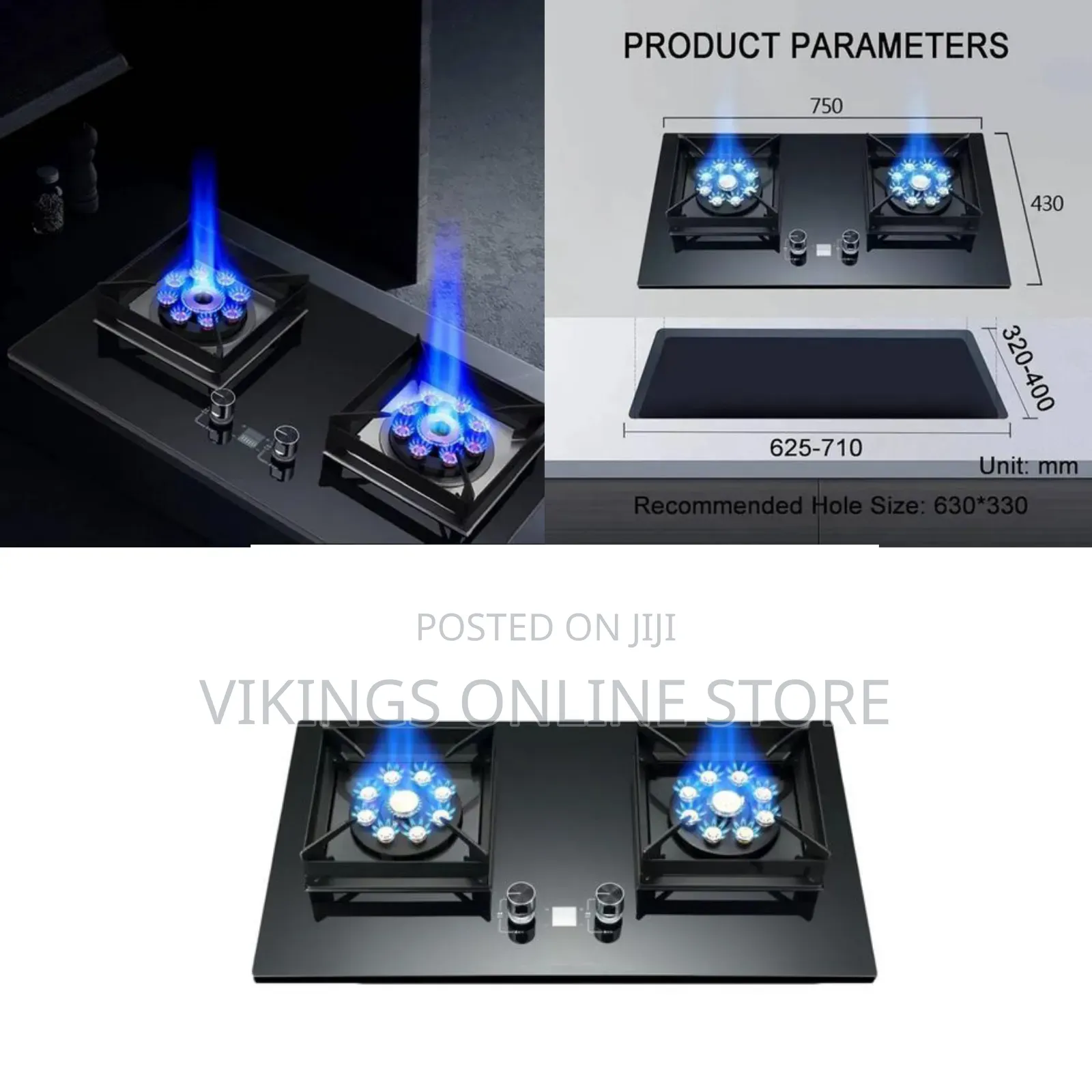 Gas Hob Black 75CM Embedded Gas Stove With 9 Cavity Wok 2 Burners