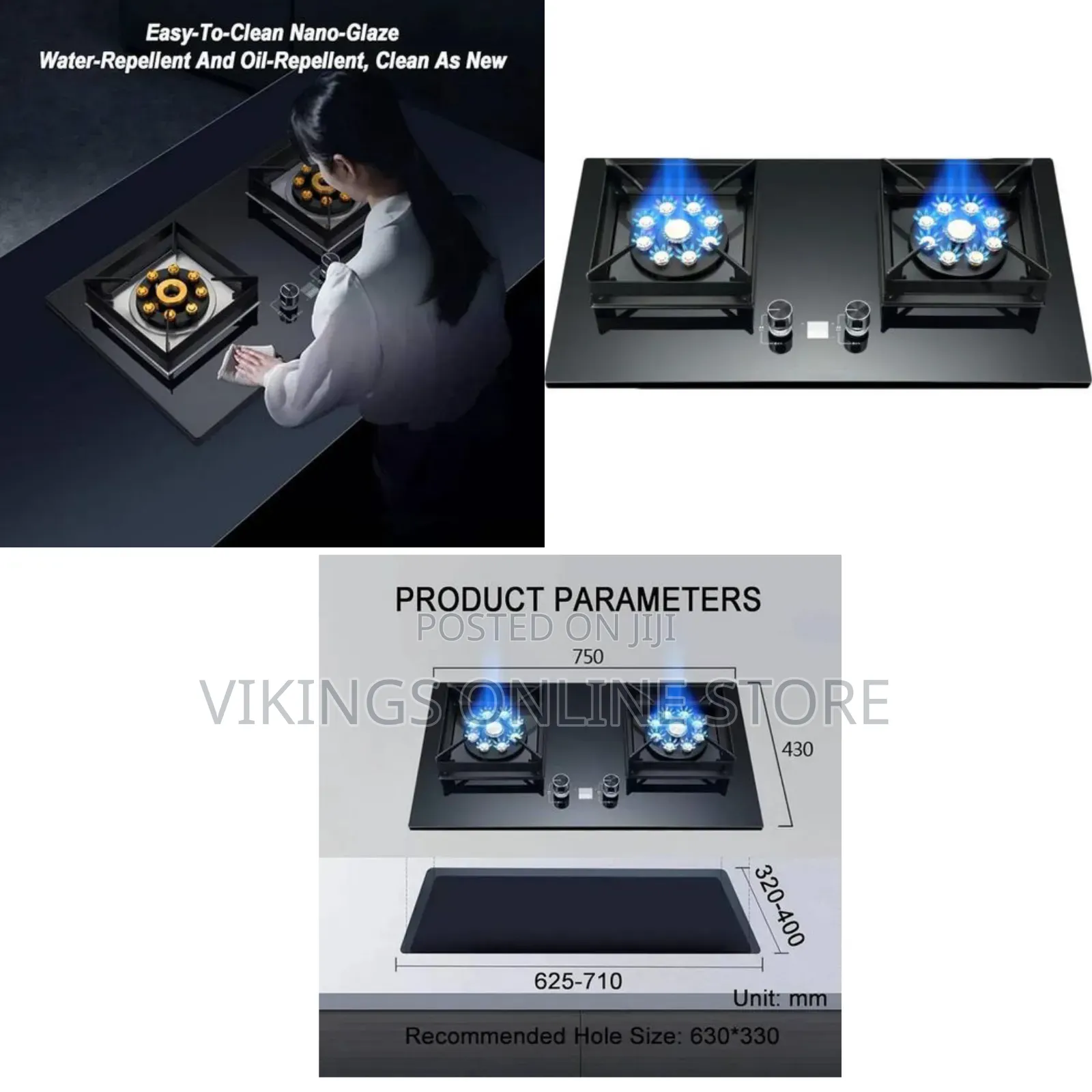 Gas Hob Black 75CM Embedded Gas Stove With 9 Cavity Wok 2 Burners