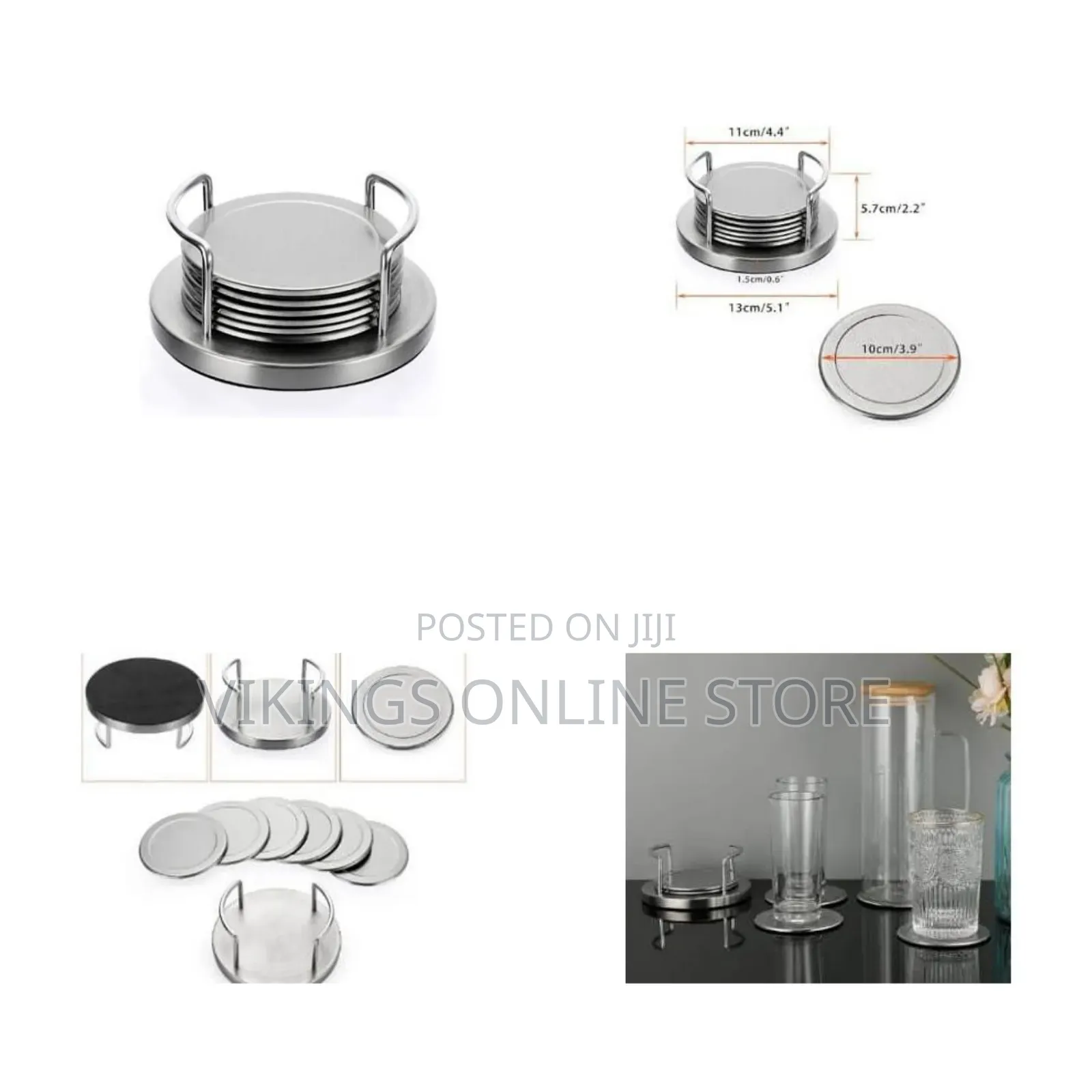Set of 6 Stainless Steel Round Coasters With Holder Sponge Bottom