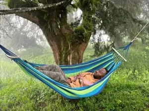 Portable, Rainbow-Striped Canvas Hammock