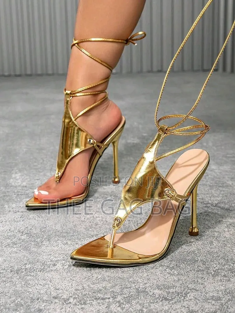 Gold Strapy Pointed Toe Heels