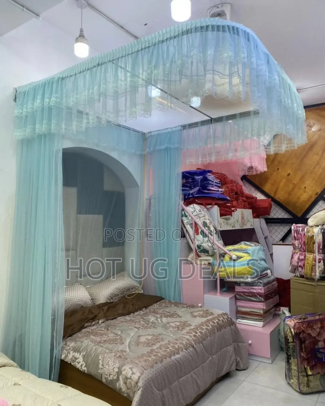 6x6 Luxury Wall-Mounted Bed Canopy Mosquito Net - Light Blue