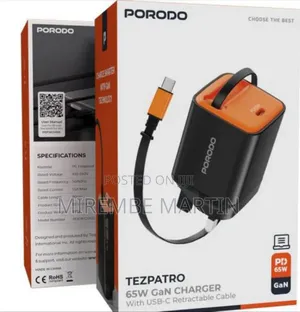 Porodo TEZPATRO 65W GaN Charger, Type C Wall Charger With Fast