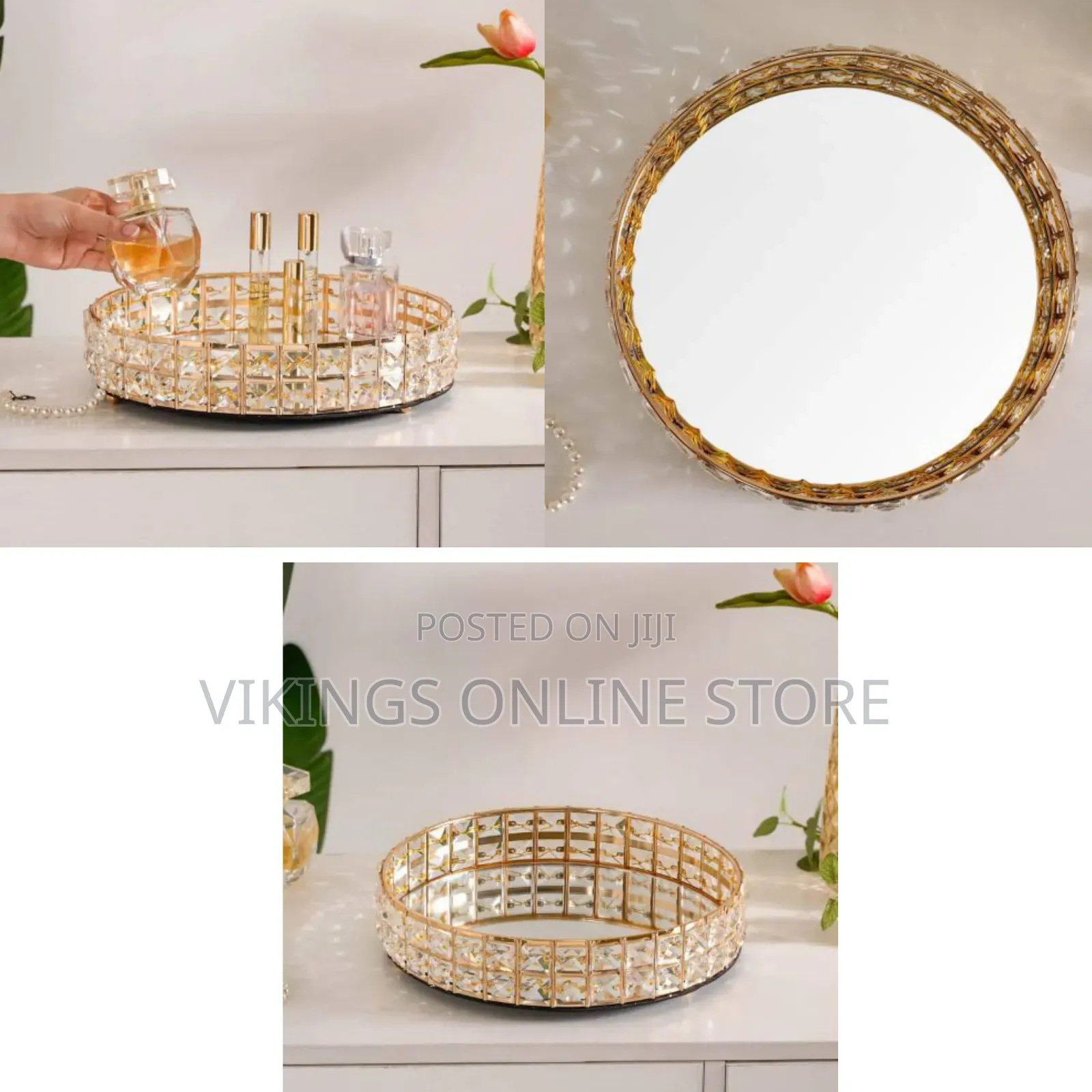 Decorative Crystal Mirror Tray Gold Round Mirrored Plate for Candle