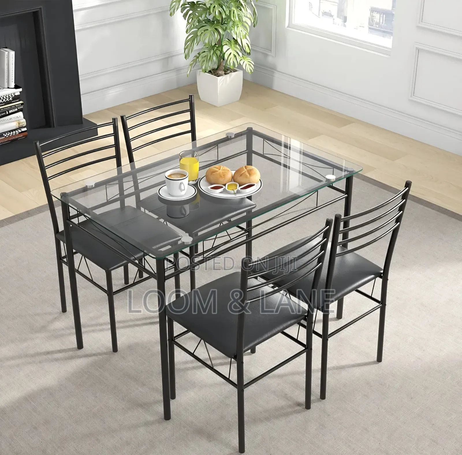 5-Piece Rectangular Tempered Glass Dining Set With Metallic Chairs
