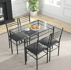 5-Piece Rectangular Tempered Glass Dining Set With Metallic Chairs