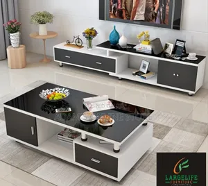 Black Glass Center Table With Black Drawers and TV Stand Unit