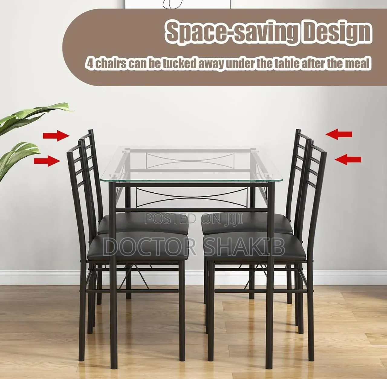 5-Piece Rectangular Tempered Glass Dining Set With Metallic Chairs