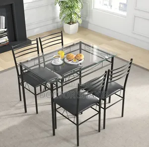 5-Piece Rectangular Tempered Glass Dining Set With Metallic Chairs