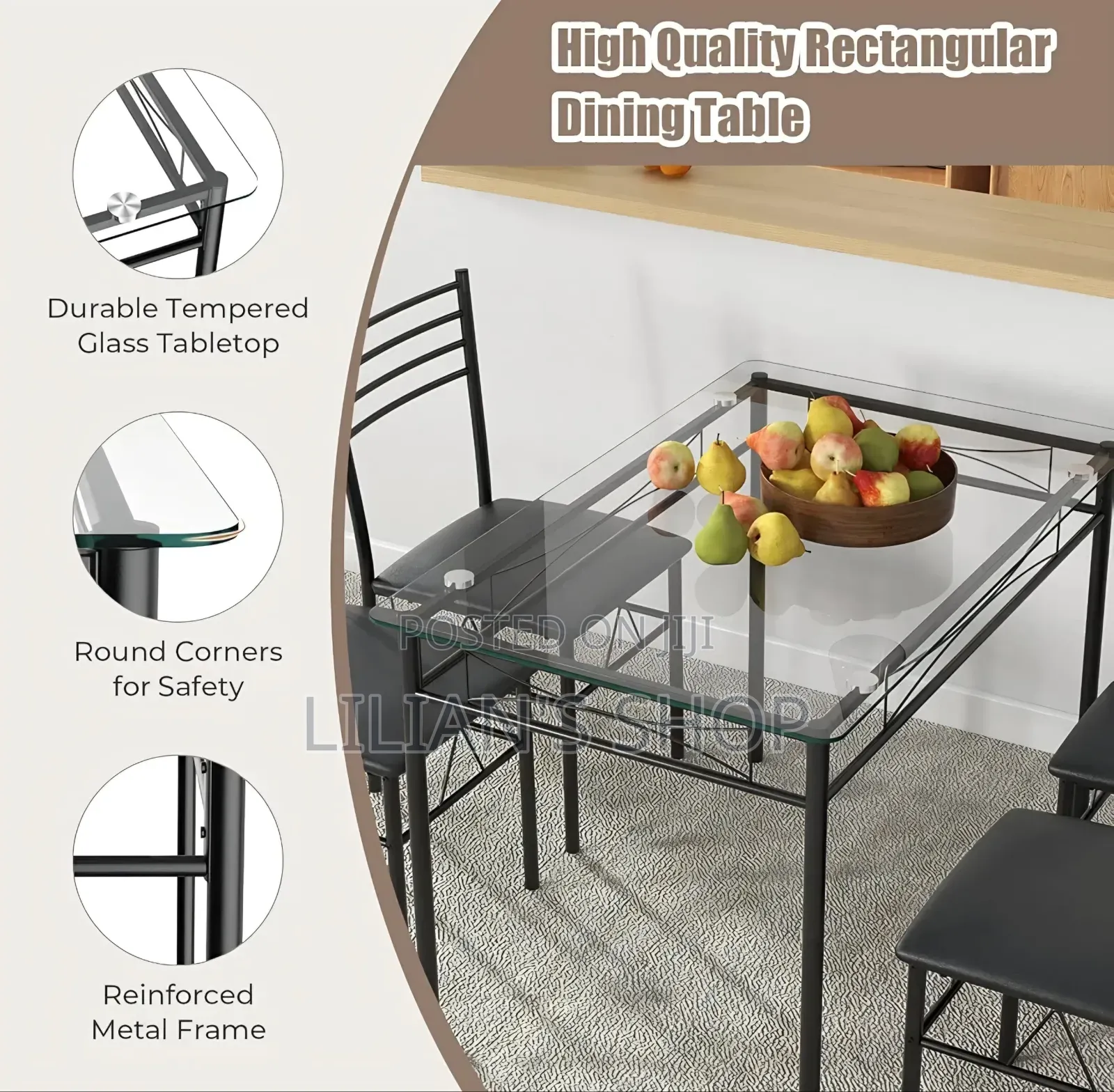 5-Piece Rectangular Tempered Glass Dining Set With Metallic Chairs