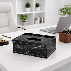PU Leather Tissue Box Holder With Desk Organizer, Multipurpose Tissue