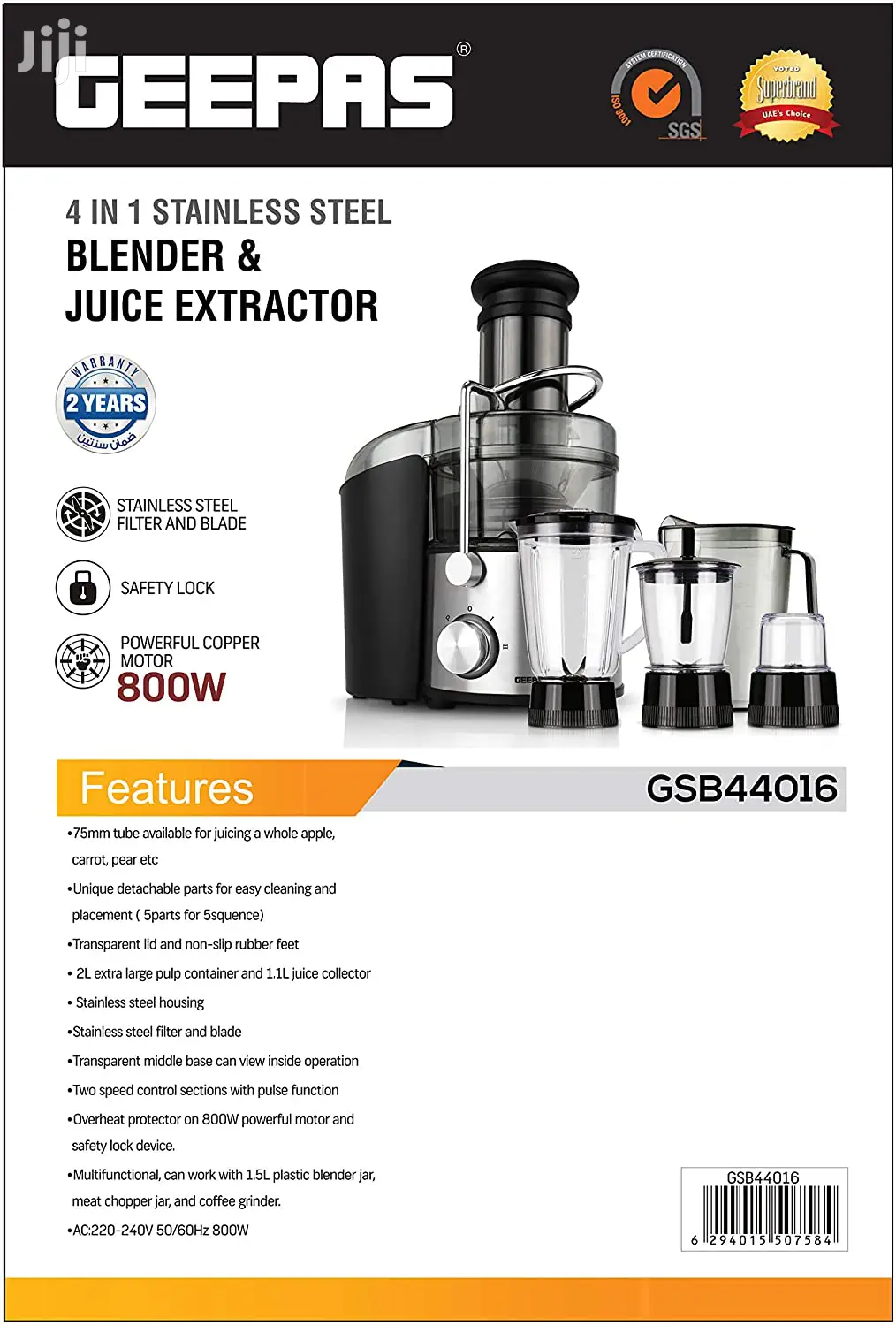 GEEPAS 4-in-1 Blender And Juice Extractor 800W