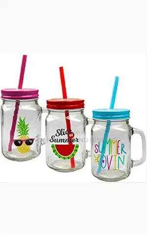 Jam Jar Drinking Glasses With Handle, Lid Straw 500ml