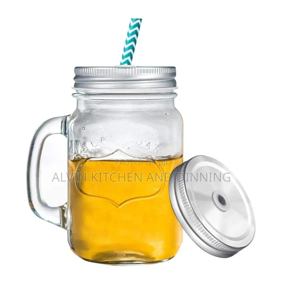 Jam Jar Drinking Glasses With Handle, Lid Straw 500ml