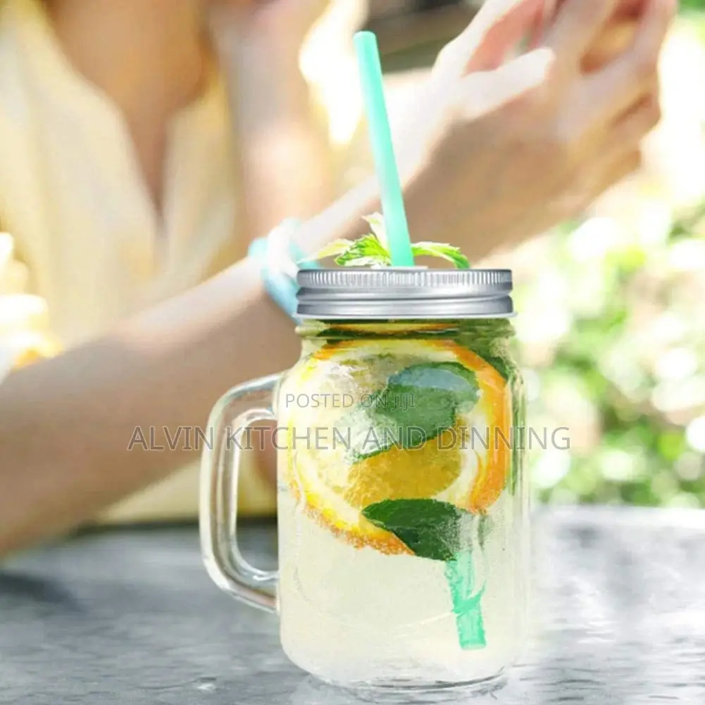 Jam Jar Drinking Glasses With Handle, Lid Straw 500ml