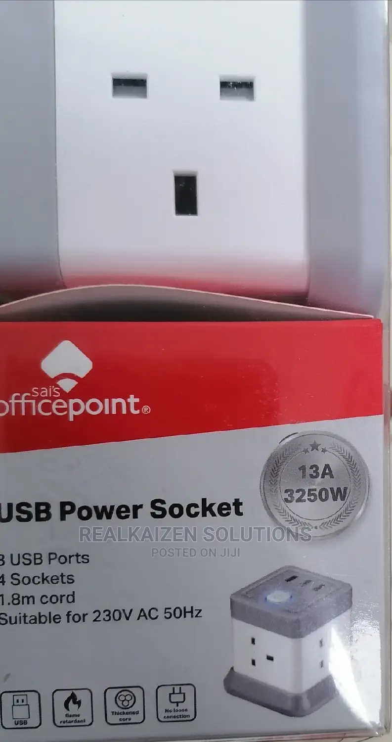 OFFICE POINT Flat Plug Extension Cord 4 Outlet 3 USB Socket